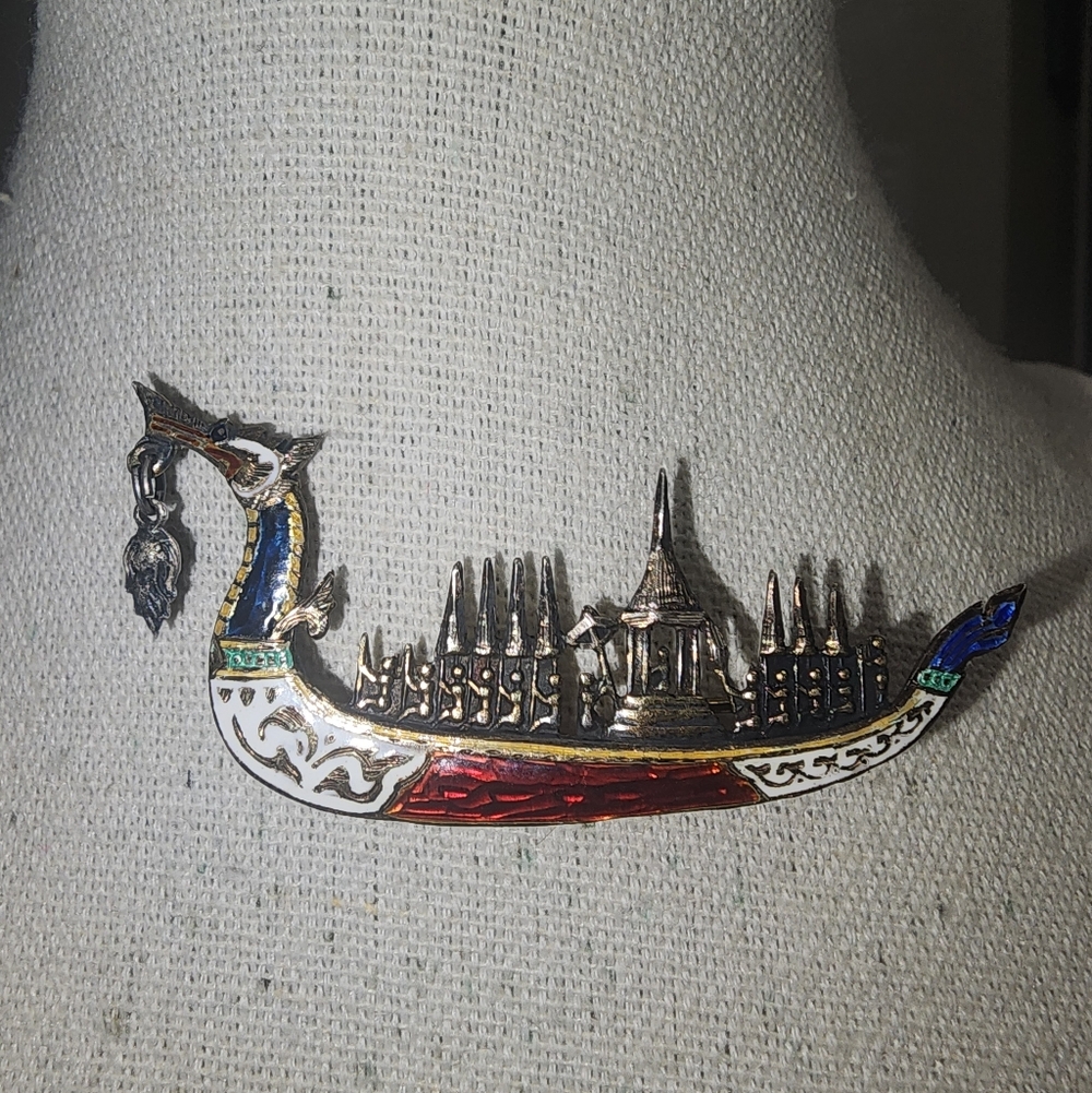 Vintage Siam Sterling Niello Ware Suphannahong Royal Barge Enamel Brooch